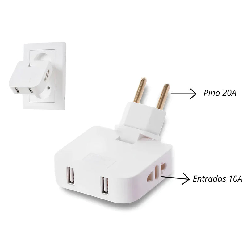 Adaptador de Tomada Com USB 110v/220v Dobrável Articulado Benjamin Tomada Extensão Elétrica