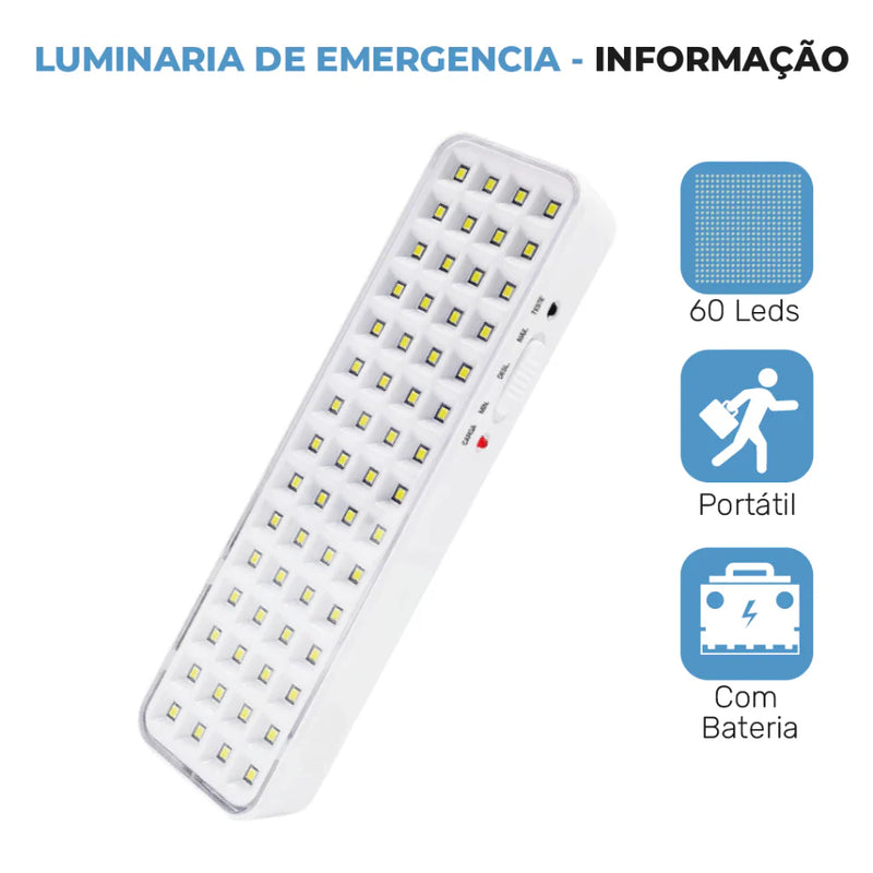 Luminária Emergência Lâmpada 60 Leds Recarregável Bivolt Luz Branca (Branco Frio 6,500K)