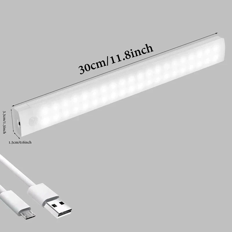 Luminaria Luz LED Sensor de Presença 30cm Recarregável Inteligente Sem Fio Guarda Roupa USB