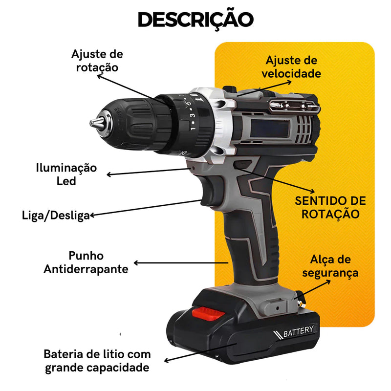 Parafusadeira Furadeira com 2 Baterias Sem Fio 21V Bivolt Com Maleta