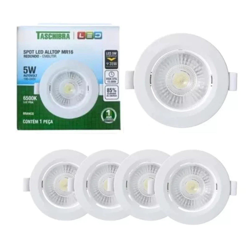 Kit 6 Spot Led Embutir Led Alltop MR16 5w Redondo Móvel Gesso Forro 3000K 4000K 6500K Taschibra