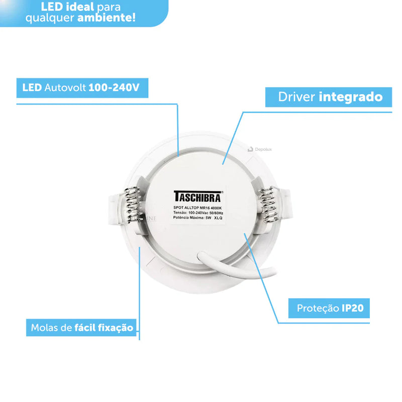 Kit 6 Spot Led Embutir Led Alltop MR16 5w Redondo Móvel Gesso Forro 3000K 4000K 6500K Taschibra